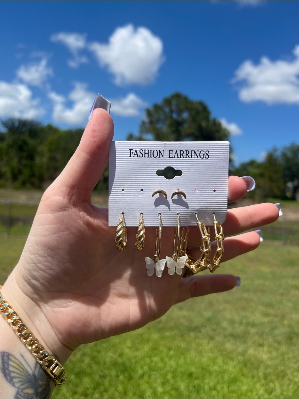 Crescent Moon Studs & Gold Butterfly & Hoop Earring Set -